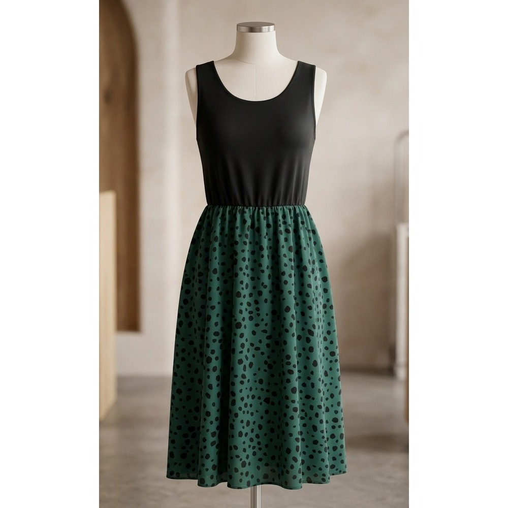 Plus 4X Dark Boho Mixed Media Midi Dress Green Animal Print Fit & Flare